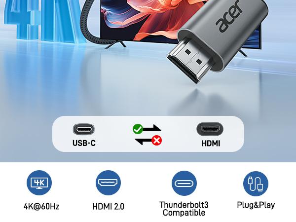 Acer  4K@60Hz USB C to HDMI Cable 6FT, High Speed Braided Cord, Video Audio Sync, Thunderbolt 3/4 Compatible, Type C to HDMI Adapter Cable for Macbook, iPhone, iPad Pro/Air