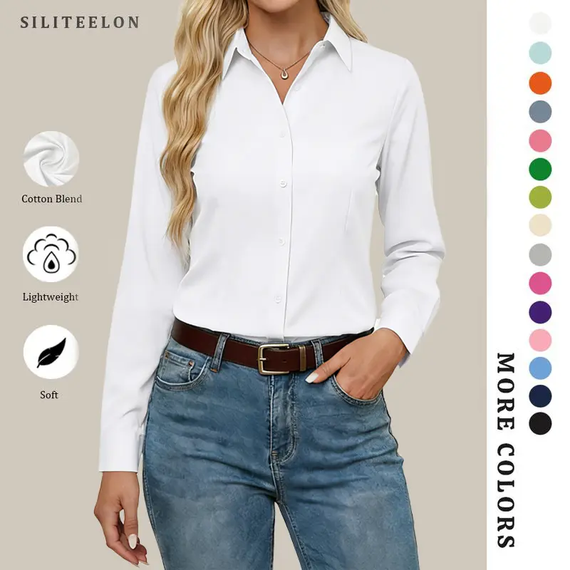 Siliteelon Button Down Shirts for Women Long Sleeve Classic Fit Work Business Casual Collared Blouse Tops Formal Colorful Outfits Fall Winter Fashion Inspo Office Outfits backtoschool