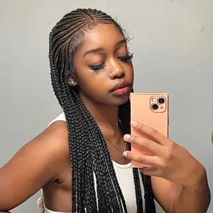 Cornrow Braided Wigs for Black Women Knotless Braid Wig Black Braided Wigs Middle Parted Synthetic Full Lace Front Cornrow Braided Wig for Daily Wear, 36 Inches