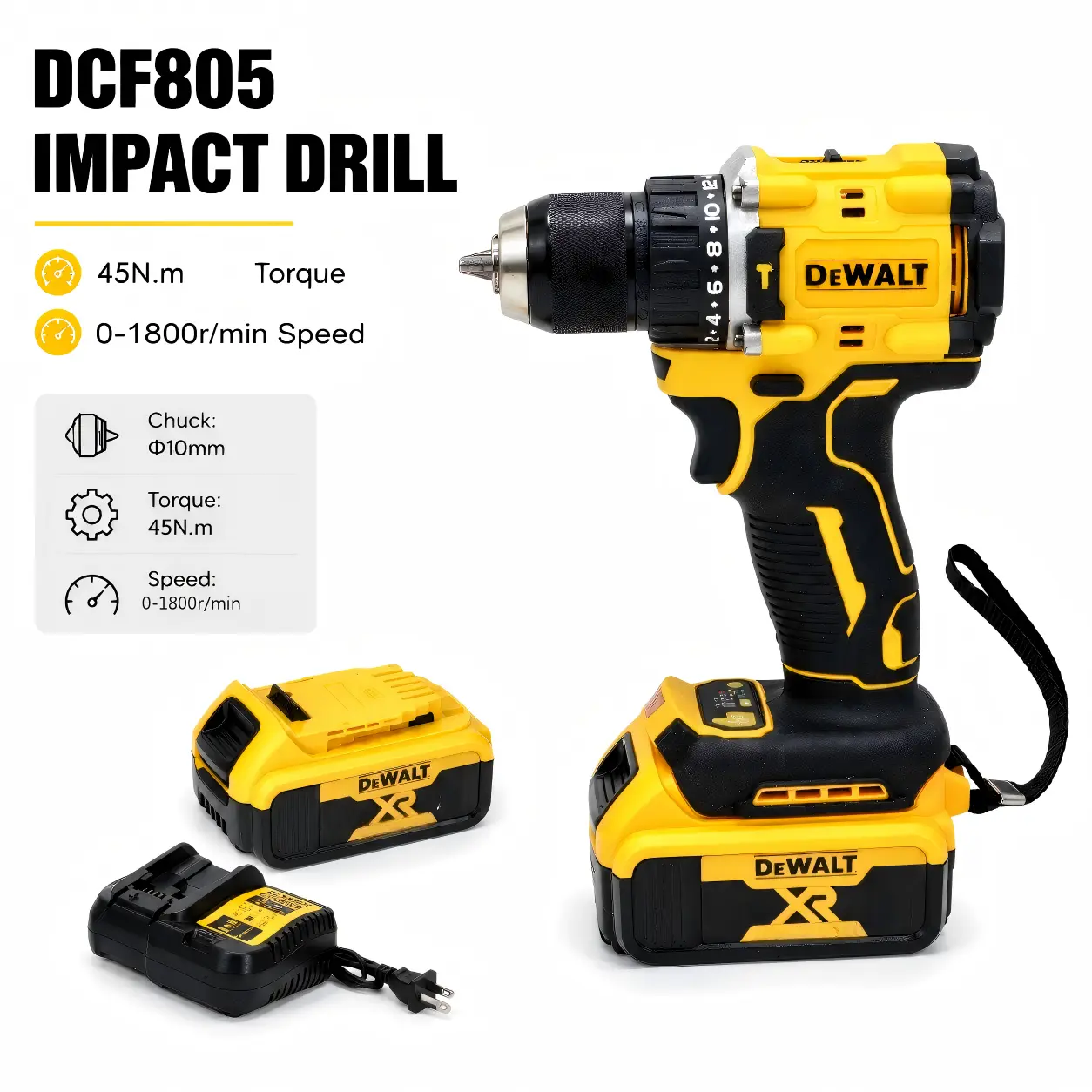 DEWALT DCF805 Brushless Cordless Impact Drill - 10mm Metric Chuck, 650-2000RPM Speed, High Torque Tool for Construction, Home Improvement Tasks rapid rpm nm