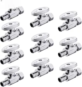 (Pack of 10) EFIELD 1/4 Turn Straight Stop Valve 3/8" OD Compression X 1/2" Crimp Barb Pex Chrome Plated Brass,(VALVE085-10PCS)