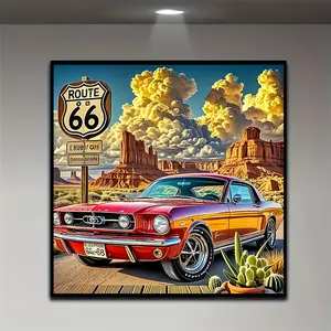 1pc Multi-Size Optional Unique Acrylic (PMMA) Full Round Diamond Painting Kit Classic Red Sports Car And Route 66 Logo Relaxing Stress Relief Puzzle Decorative Artwork Mosaic Embroidery Art Craft Canvas Suitable for Wall Decoration Living Room Bedroom Gif