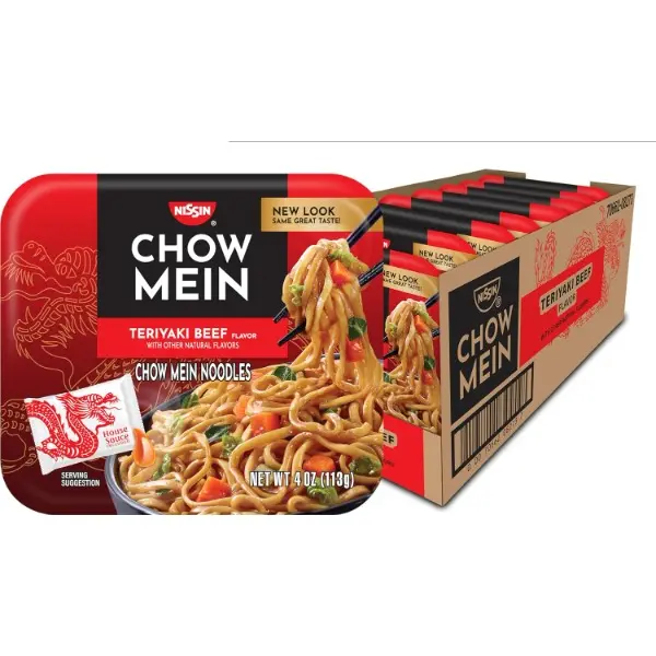 Nissin Teriyaki Beef Flavor Instant Chow Mein Asian Noodles - 4oz, 8 Packs - Halal Certified Ambient Pantry Meal for Noodle Lovers, Lunch or Dinner