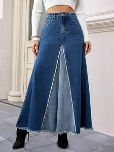 Women's Casual Elegant A-Line Flared Long Denim Skirt, Washed Effect and Frayed Button Details, Non-Elastic Fabric Design