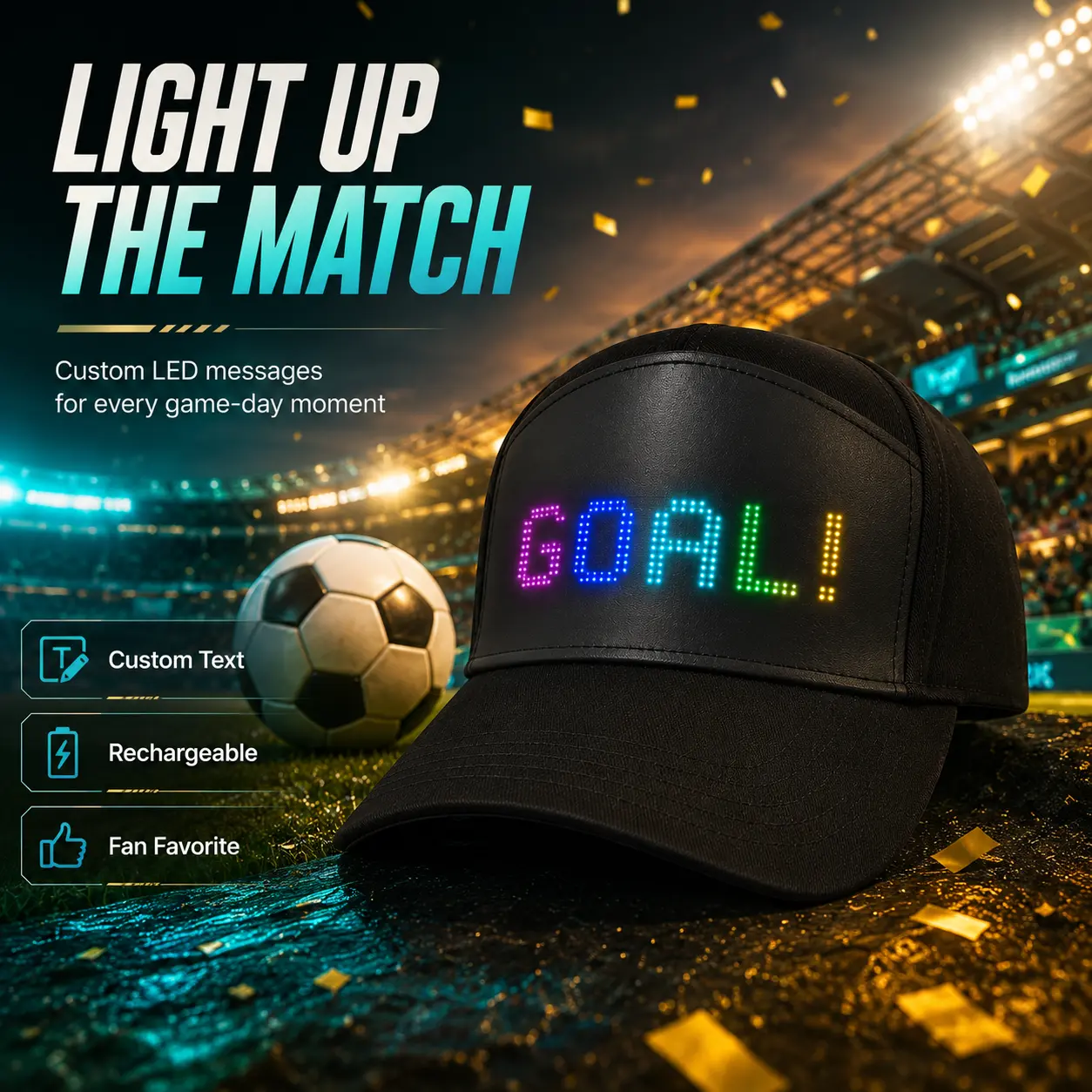 Male Programmable LED Glow Cap - Bluetooth, Adjustable, Rechargeable LED Display, Smartphone App Control, Scrolling Letters, USB Charging, Easy-Remove, Ideal for Parties, Christmas Gifts
