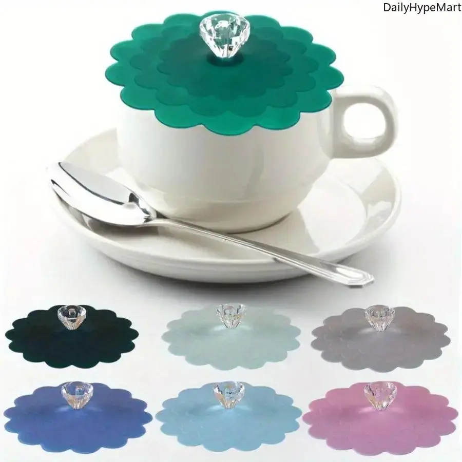 6-Pack Decorative Silicone Cup Covers with Diamond Knobs - Reusable Airtight Seals for Coffee, Tea & Drink Mugs