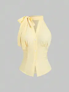 MCKAURA Sweetra Women's New Arrival Sleeveless Bowknot Waist Slim Striped Blouse