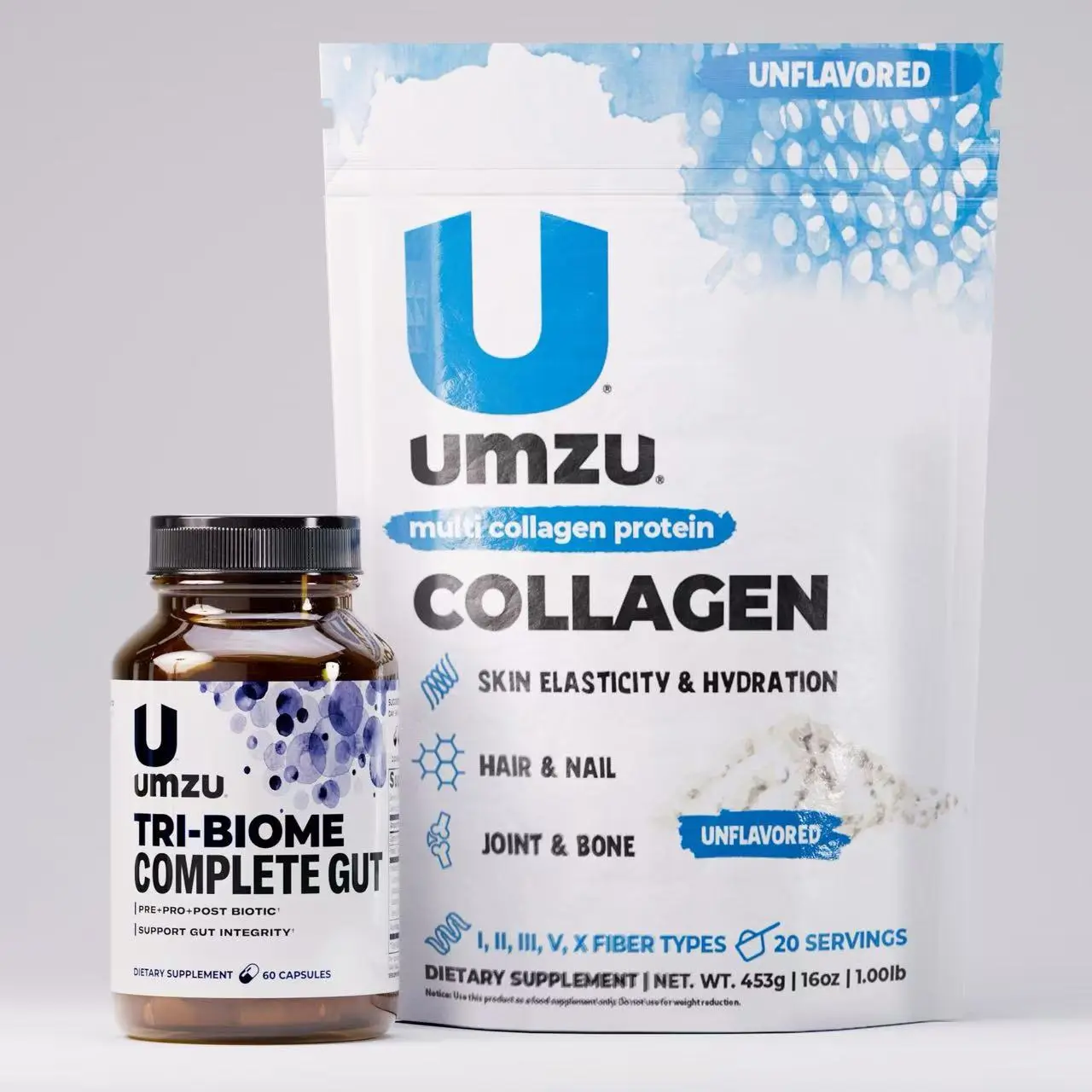 UMZU Beauty Bundle - Edible 8-Strain Tri-Biome Probiotic Powder, Multi Collagen Nutritional Supplements with Antioxidants, Gut Support, Skin Care & Hair, Nail Nutrition for Fitness Healthcare