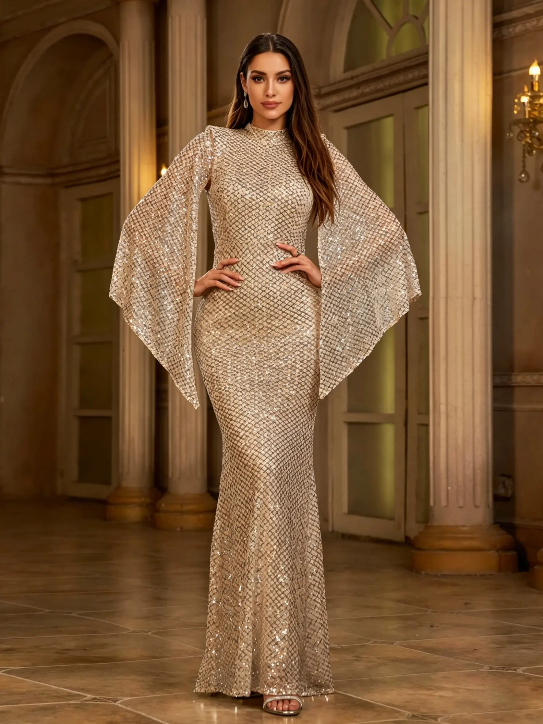 Elegant Sequin Evening Gown, Women's Full Sleeve Crew Neck Maxi for Formal Bridesmaid Events, Elegant Dresses, Beautiful Gowns, Sequins, Full Sleeves, Formal Dresses For Women, Long Sleeves