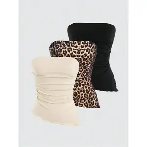 Women's Solid Color/Leopard Print Tube Top, Casual Fashion Sleeveless Strapless Top for Daily Outdoor Wear, Bandeau Tops, Women Top Clothes for Spring & Fall