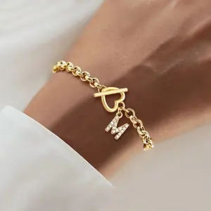 Stainless Steel Initial Letter Heart Toggle Bracelet Gold Plated 26 Alphabet Charm Bracelet for Women Daily Jewelry
