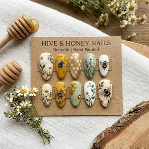 Honey Bee Press On Nails - Botanical Daisy Floral Nails - Sage Green and Gold Honeycomb Fake Nails - Hand Painted Reusable Nails Nail Art Kit Nail Box