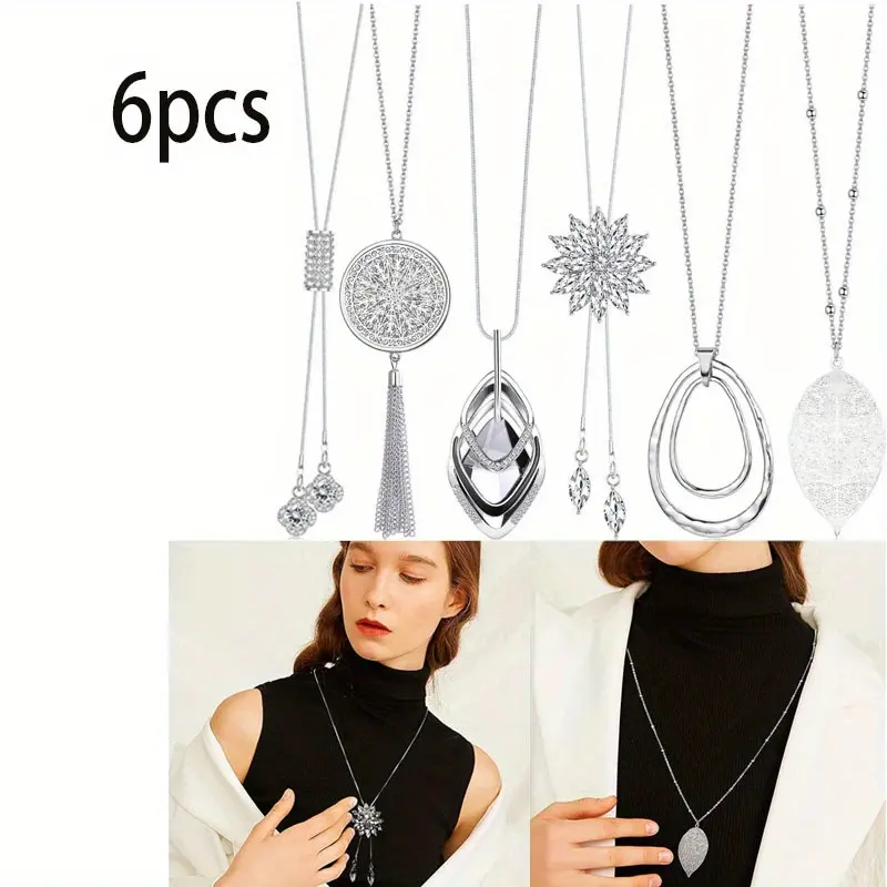 6Pcs Long Pendant Necklaces for Women Long Sweater Necklaces Silver Flower Tassel Disk Circle Leaf Statement Sweater Chain Necklace for Women Y Necklace Set Fashion Jewelry