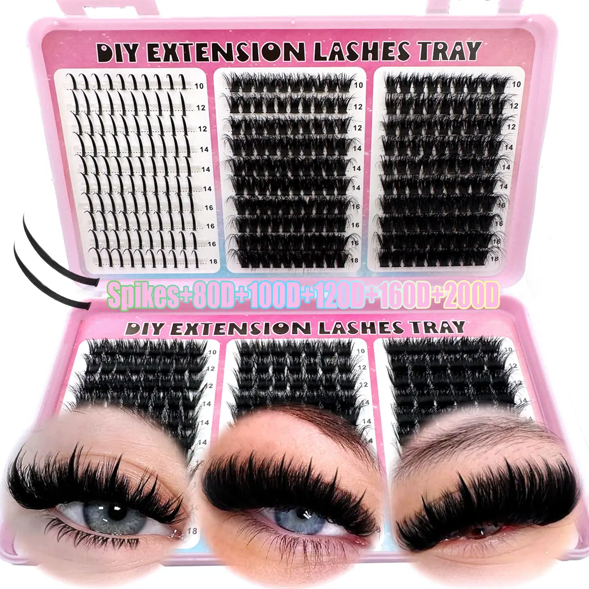 Spikes 80D-200D MIX large capacity eyelash book single cluster artificial mink false eyelashes, Volume Lashes, 510pcs thick fluffy 0.07mm D curled 10-18mm mixed length natural soft eyelash extensions, Diy Cluster Lashes