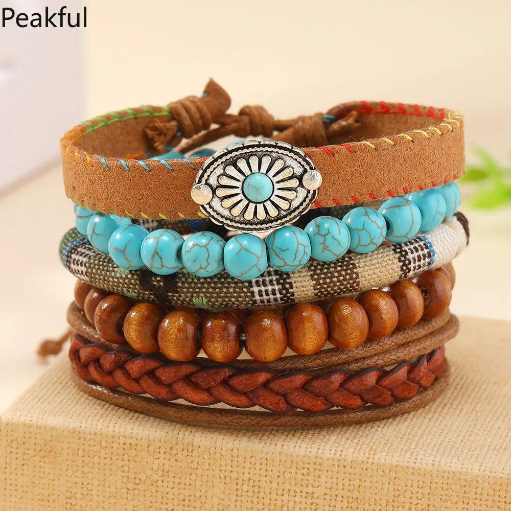 Bohemian Style Bracelet Set Artistic Retro Wooden Bead Multi-Layered Bracelet Fashionable Jewelry Accessory