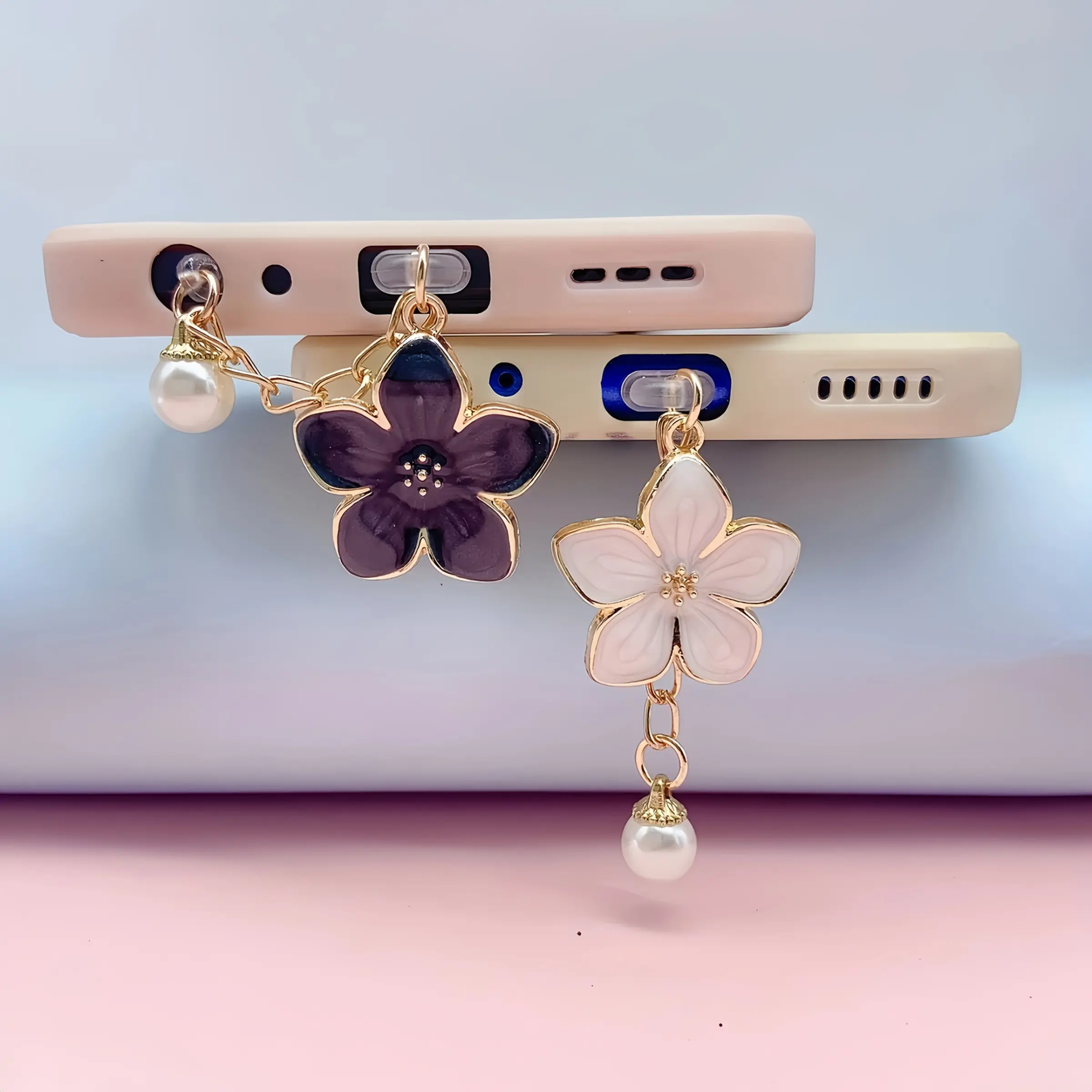 2pcs Cute Cherry Blossom Phone Dust Plug Charm | Aesthetic Pearl Floral Charging Port Cover | Fairycore Accessory For iPhone & Type-C Phone Charms Cellphone Accessories Cell Phone Accessories