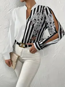 Women's Floral Print Striped Patchwork Long Sleeve Shirt Blouse, Elegant Fitted Crop Top, Spring Summer Casual Commute Wear, Womenswear
