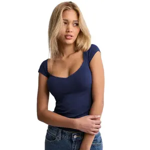 2024y2g Summer New Lace Ruffled Short Sleeves Women's T-shirt Slim Top Plain Hot Girl Square Collar T