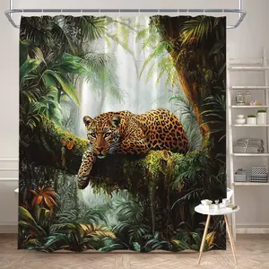 1Pc Jungle Leopard Shower Curtain Nature Tropical Wildlife Animal Design Polyester Fabric Bathroom Decor Bathtub Screen Hanging Curtain 70.8x70.8 Inch with Hooks