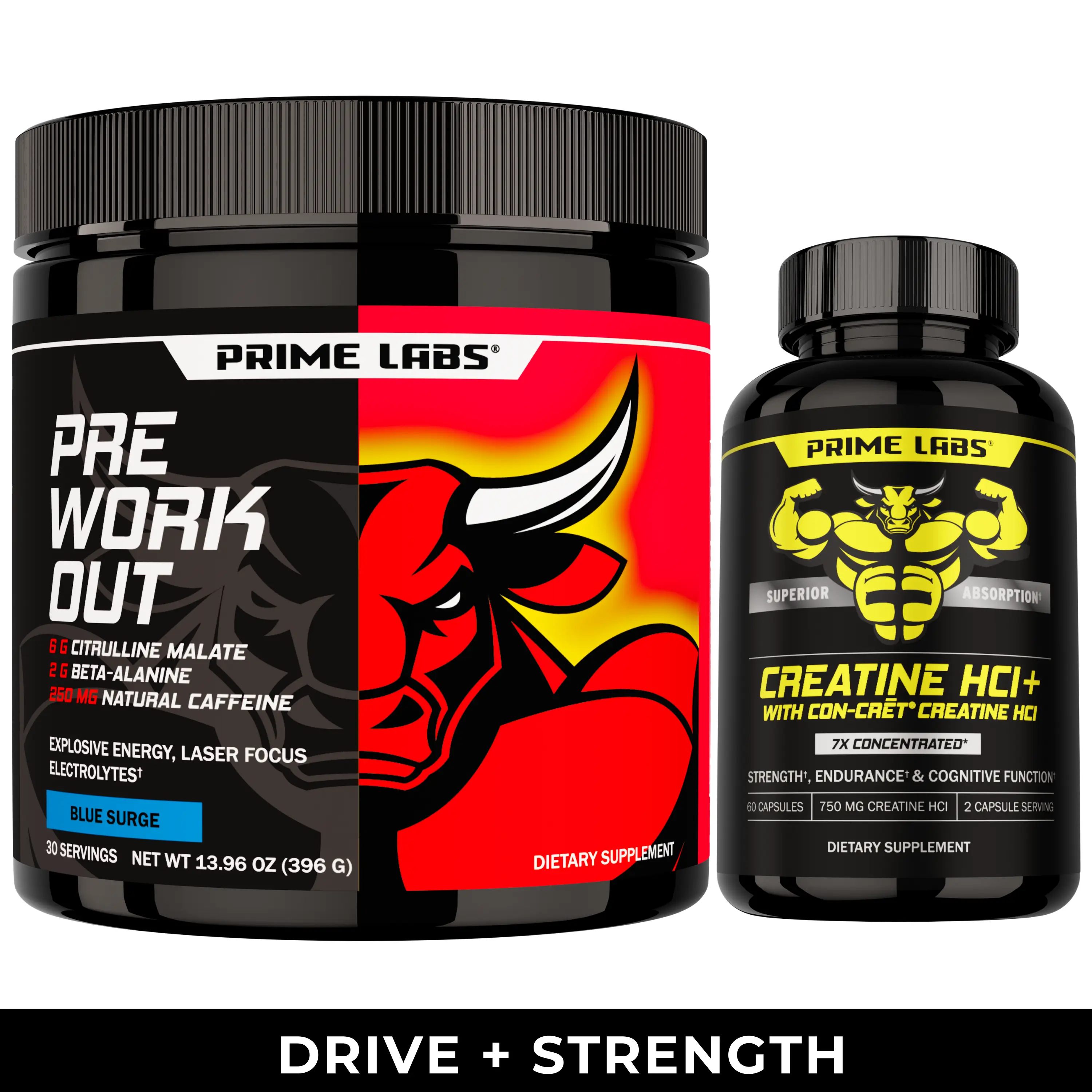 Prime Labs Pre-Workout + Creatine HCl Bundle - Energy, Pumps, Strength and Focus - Blue Lemonade Pre-Workout with CON-CRĒT Creatine, Rhodiola and L-Theanine - 30 + 60 Servings