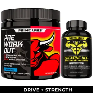 Prime Labs Pre-Workout + Creatine HCl Bundle - Energy, Pumps, Strength and Focus - Blue Lemonade Pre-Workout with CON-CRĒT Creatine, Rhodiola and L-Theanine - 30 + 60 Servings