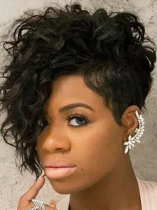 Short Curly Pixie Cut Wig Human Hair for Black Women Bob Glueless Wear and Go Wig Brazilian Human Hair Loose Curl Haircut Side Bangs Natural Wavy Wigs 99j Burgundy Red Fashion Wigs