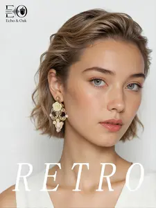 Vintage Modern Floral Earrings, Copper Ceramic Import Crystal Pearl Baroque Pearl Russian Gold Material, Carved Craft Elegant Women Jewelry