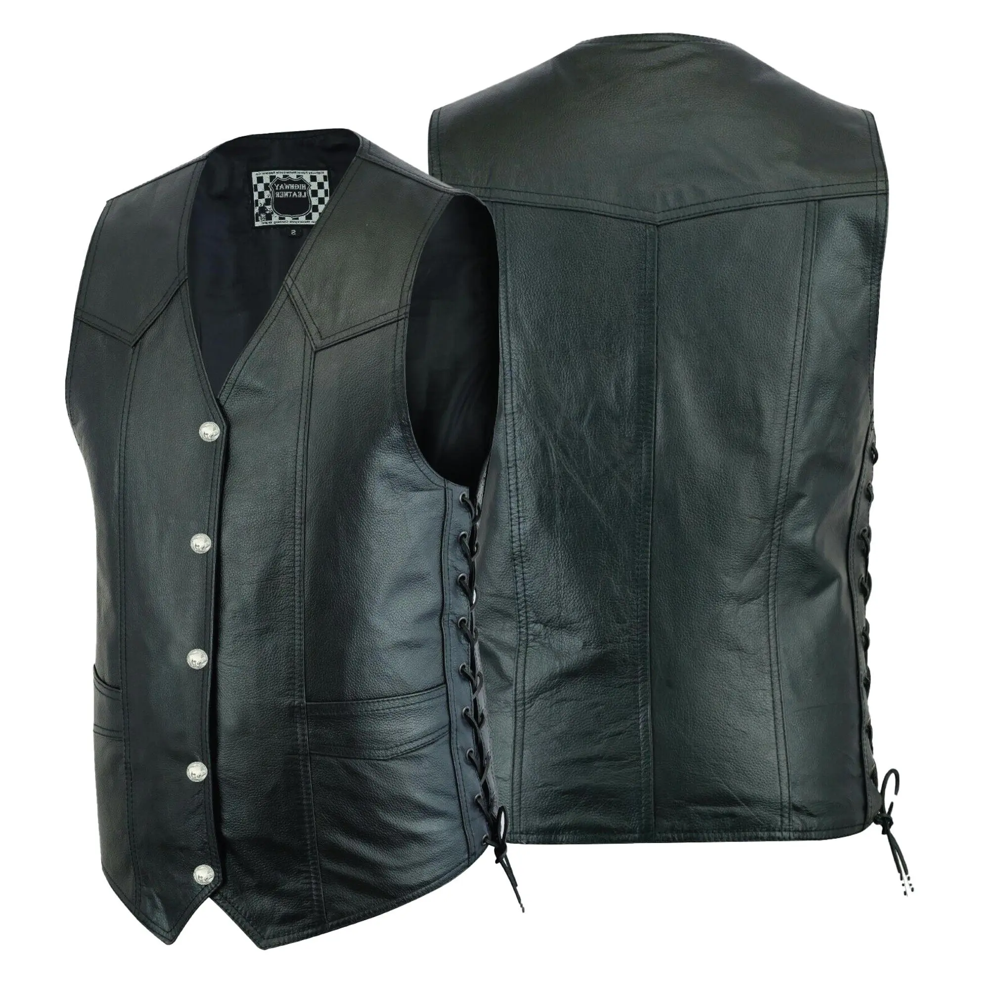 HIGHWAY LEATHER HL11614SPT Menswear Basic Tops Men's V-Neck Medium Length Sleeveless Classic Leather Gilet - Black Biker Vest, Snap Buttons, Easy Patch Sewing, Side Lacing, Western Cut, True to Size, 2 Inside Deep Pockets, Two Inside Deep Pockets