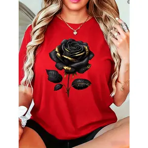 100% cotton plus-size women's T-shirt, elegant rose print - comfortable and soft, short sleeves, round neck - machine washable, suitable for all seasons