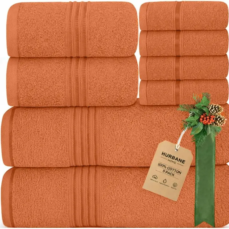 Hurbane Home Solid 8-Piece 100% Premium Cotton Towel Sets - 2 Bath, 2 Hand, 4 Washcloths, Ultra Soft, Water Absorbent, Unisex New Fancy Bathroom Accessories with Reusable Pouch (Bath+Hand Ready) Bulk Towels
