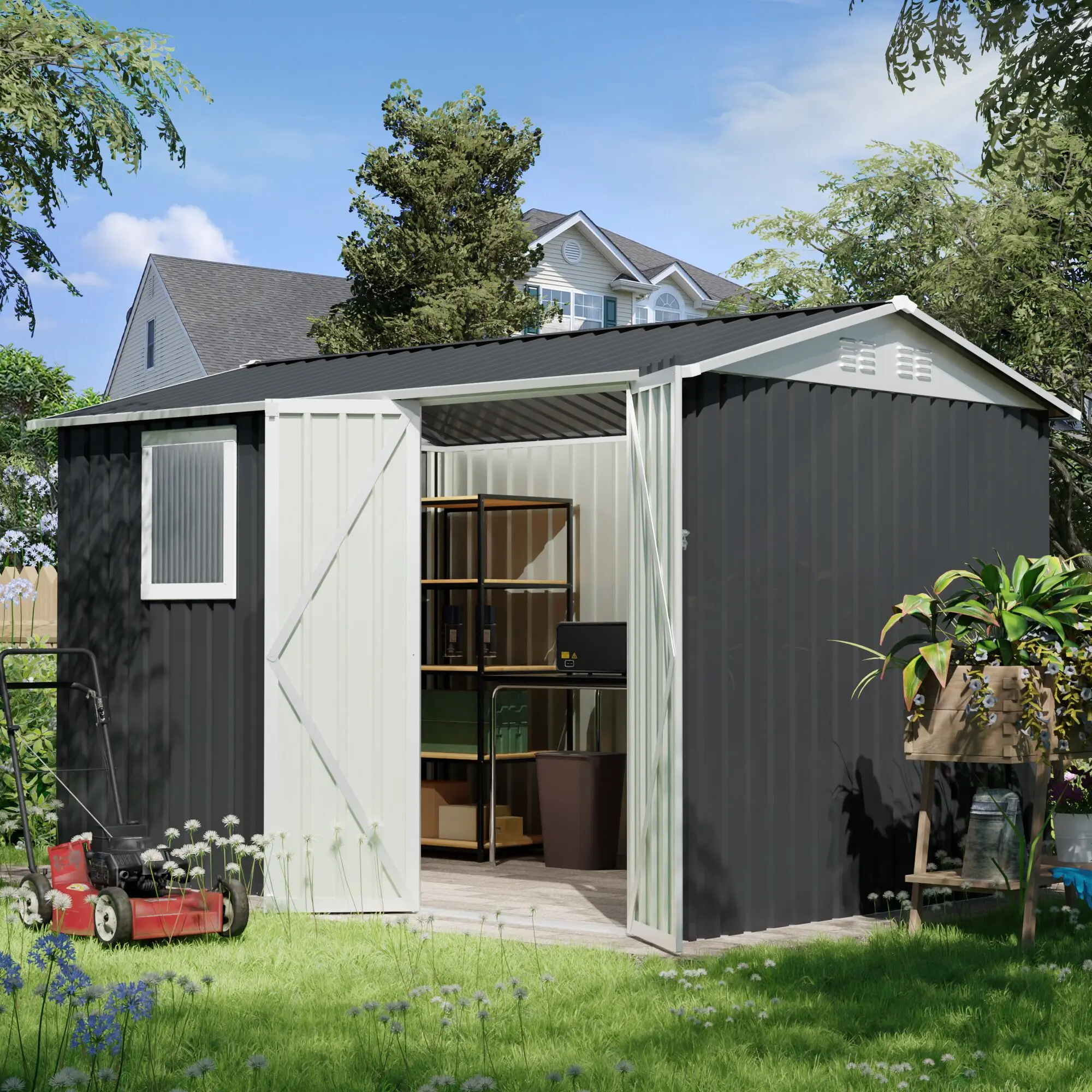 9.5x6.7 FT Outdoor Storage Shed with Window,Large Metal Garden Shed, Waterproof Tool Shed for Garden Backyard Patio Lawn, Waterproof Metal Shed