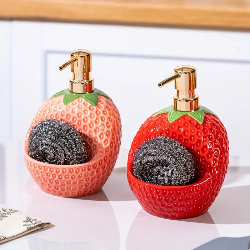 Adorable Strawberry Ceramic Liquid Soap Dispenser Bottle Refillable Shampoo Conditioner Soap Dispenser Pink
