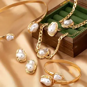 6-piece vintage elegant women's jewelry set with artificial pearl inlay, iron base, stainless steel earrings, necklace, earrings, bracelet, ring set, perfect for gifts, parties, and casual wear