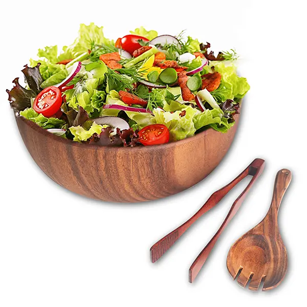 Salad Bowls, Wooden Salad Bowls Set, Large Acacia Wood Serving Bowl for Soup， Fruits，Popcorn，Big Salad Bowl with Serving Utensils（Includes a Spoon And a Pair Of Tongs.）