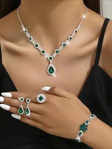 Elegant Emerald Jewelry Set, Exquisite Trendy Necklace & Earrings & Bracelet & Ring, Fashionable Jewelry Set for Party, Matching Jewelry Set, Jewelry Gift Set