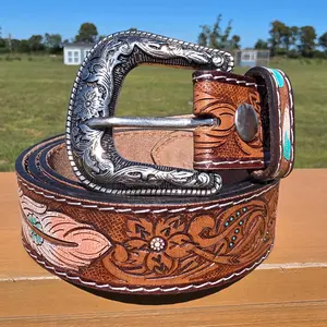 The Wandering Feather | Western Tooled Leather Feather Belt