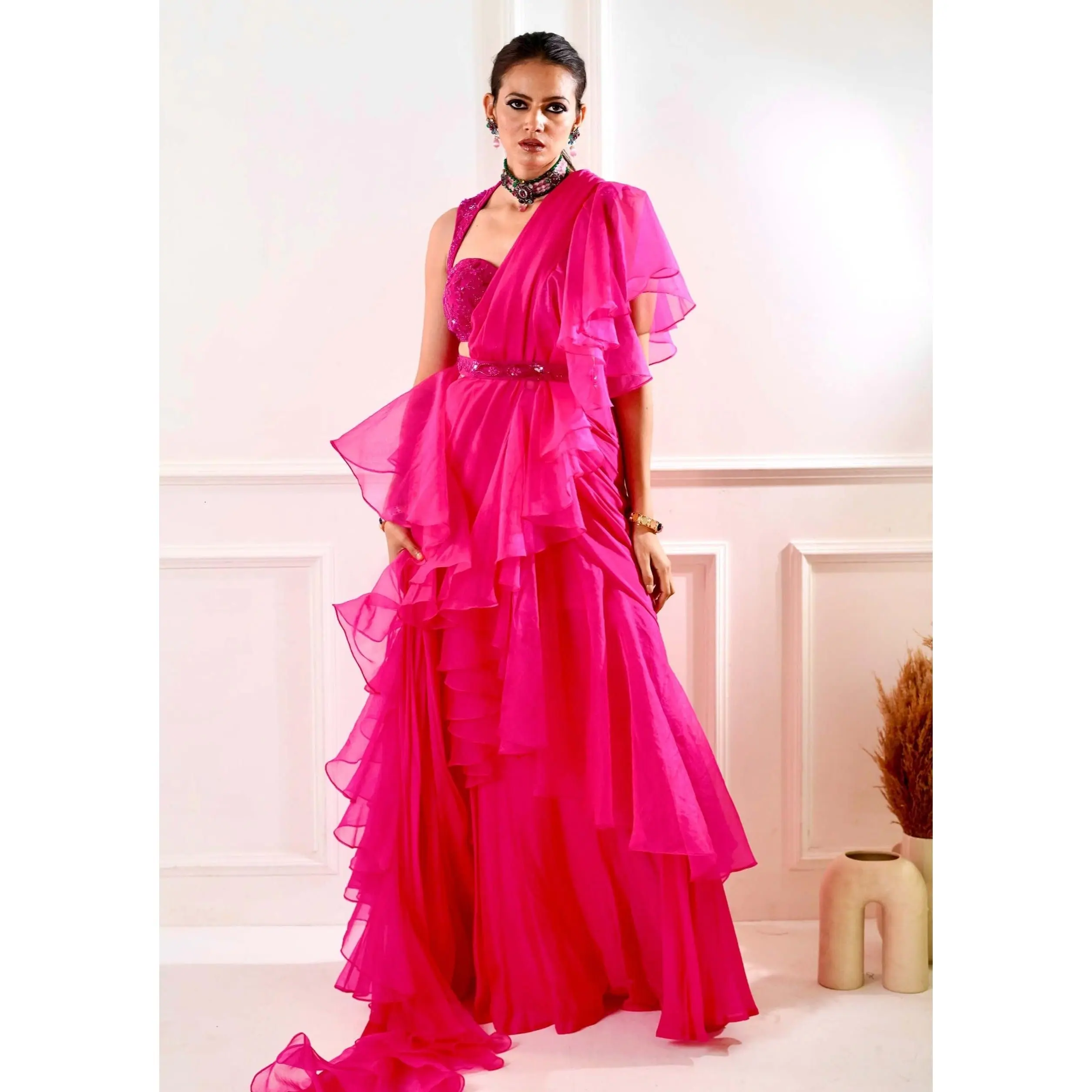 Rosie pink ruffle saree set