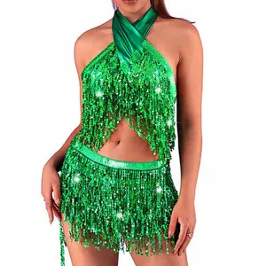 Women Belly Dance Rave Outfit Green Sequin Tassel Top Skirt Set Festival Two Piece Fringe Costume