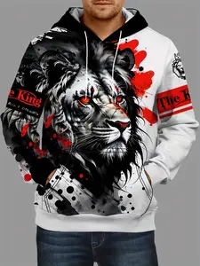Men's 3D Lion Graphic Hoodie, Activity Slightly Stretched Breathable 3D Printed Hooded Sweatshirt Outdoor, Men's Clothing