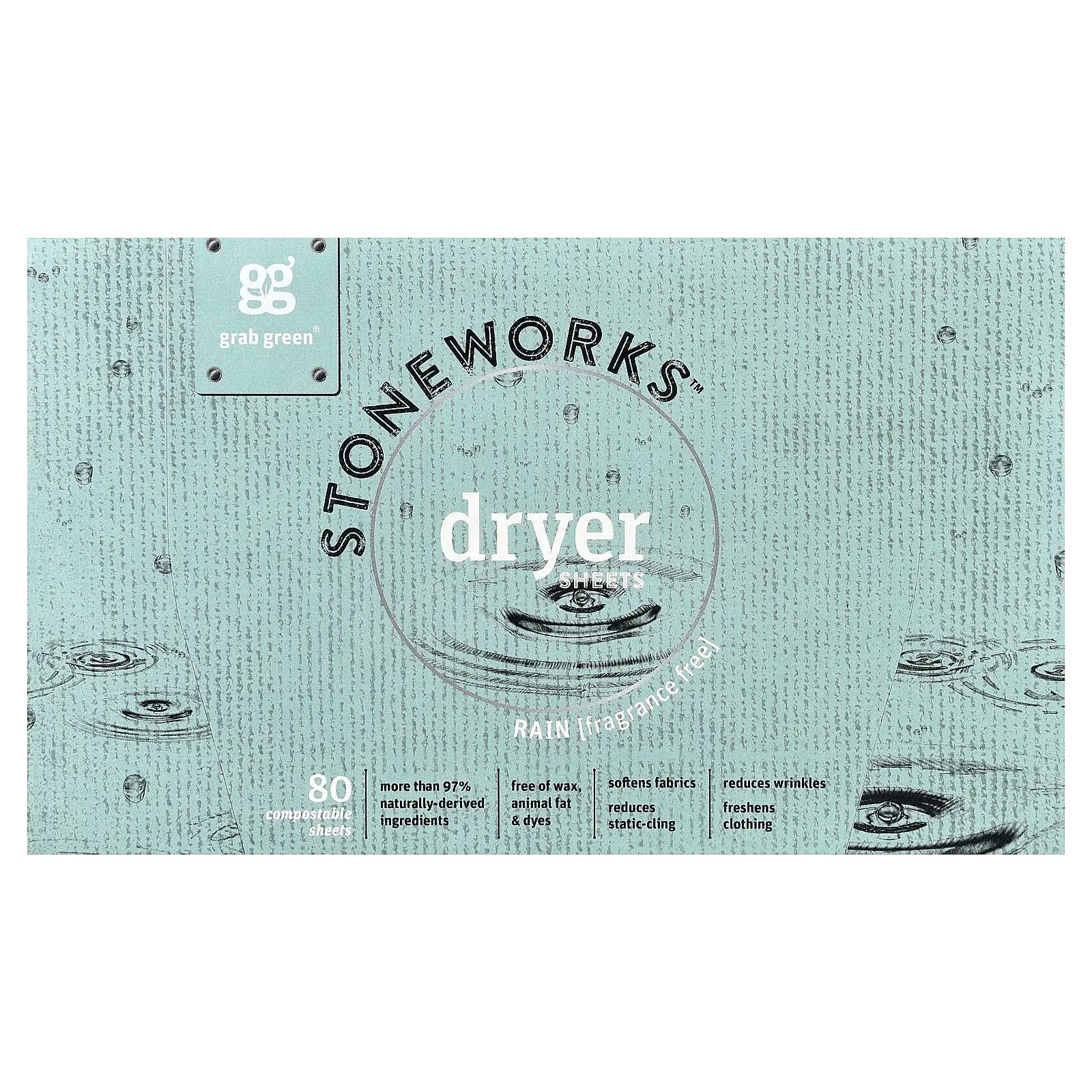 Grab Green Stoneworks™, Dryer Sheets, Rain, 80 Compostable Sheets