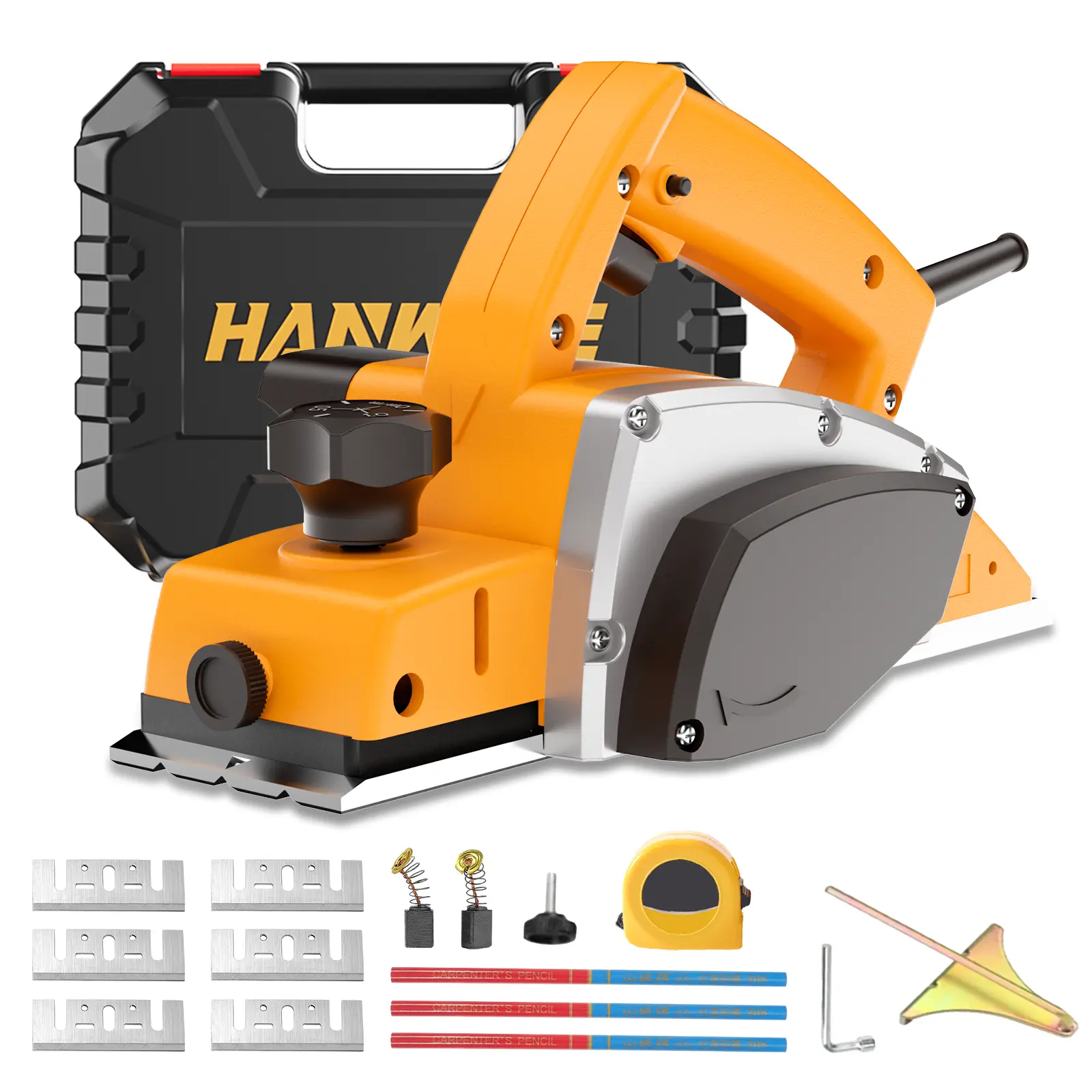 Hanwise Electric Wood Planer - Plastic and Metal Construction, Adjustable Depth Control, Compact Blade, Edge Guide, Planer+More Accessories Set - Power Woodworking Tool for Carpenters