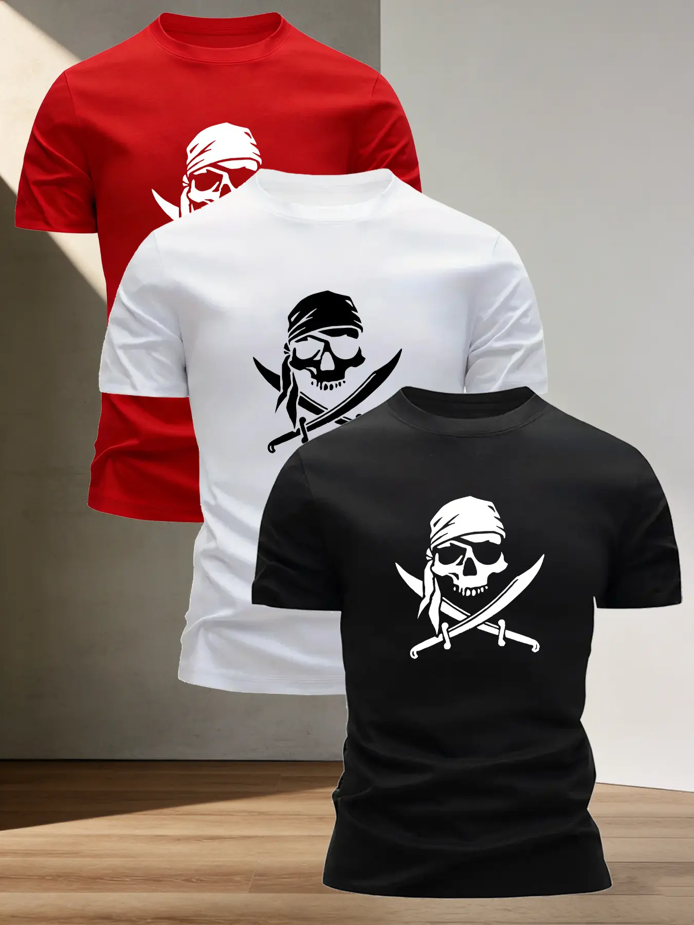 3pcs Short-sleeve Set with Headscarf, Featuring a Skull and Crossed Scimitars Print. Suitable for Daily Outings and  Trendy Outfits, Offering a Cool and Eye-catching Look. A High-value Option Graphic Crew Neck T-shirt