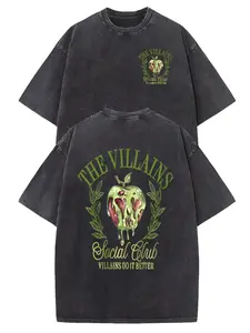 Mineral Washed Villains Social Club Short Sleeve Tee Front Small Chest Logo Back Dripping Poison Apple Laurel Wreath Unisex Loose Fit Gothic Graphic T-Shirt