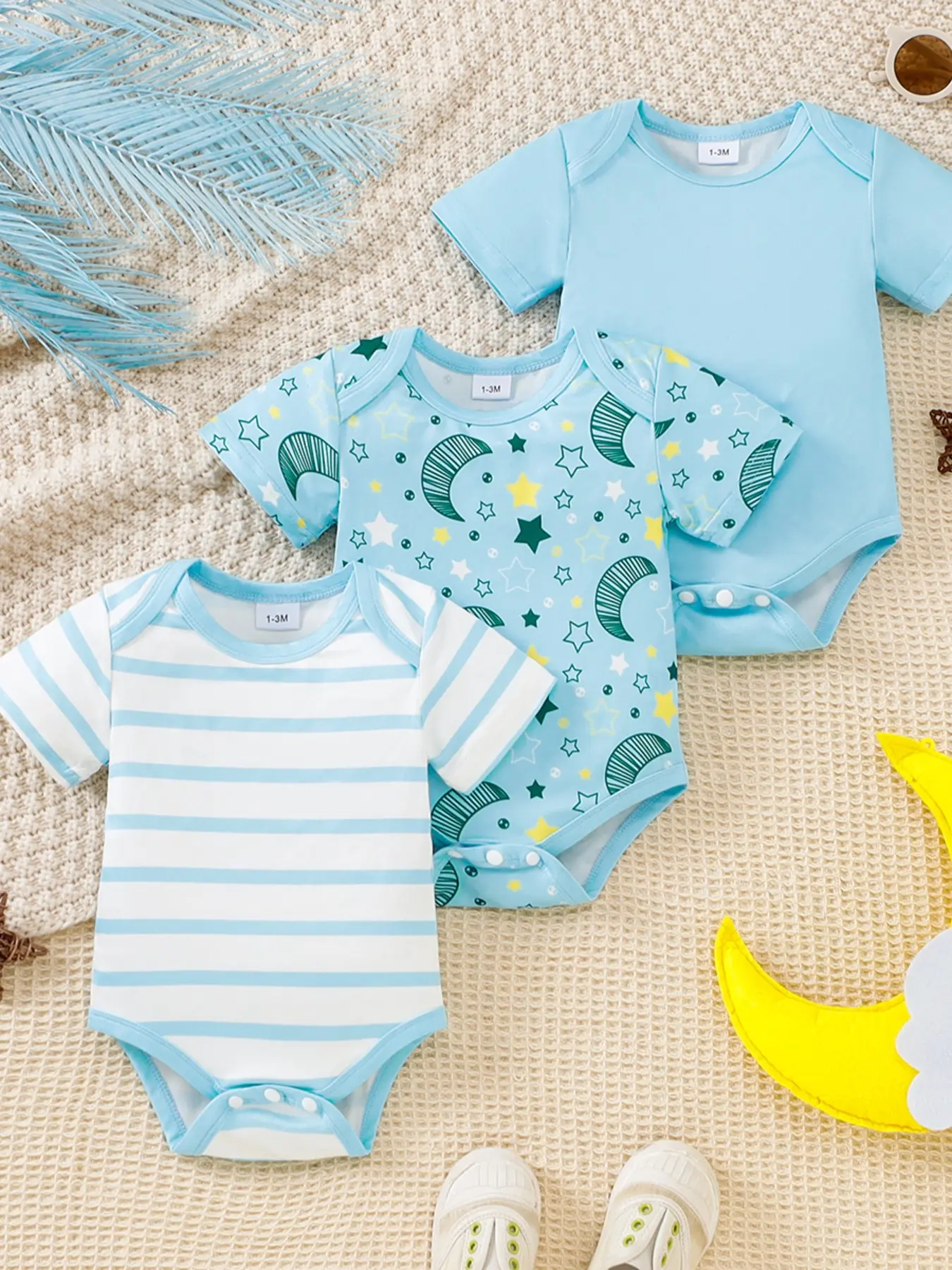 Spring Summer Baby Boys' Three-Piece Set, Blue Short Sleeve Romper, Solid Striped Star Moon Print, Cute Slim-Fit Above Knee, Printed Bodysuit Set, Rompers Set, Baby Boy Clothes