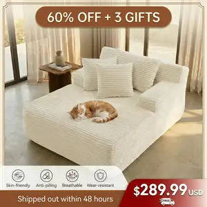 Elseady 50" Boneless Chaise Lounge: Plush Corduroy Upholstered Sofa Bed with Armrests & Throw Pillows, No Assembly Required Indoor Sleeper Chair, Cozy Lounge Bed for Living Room & Bedroom