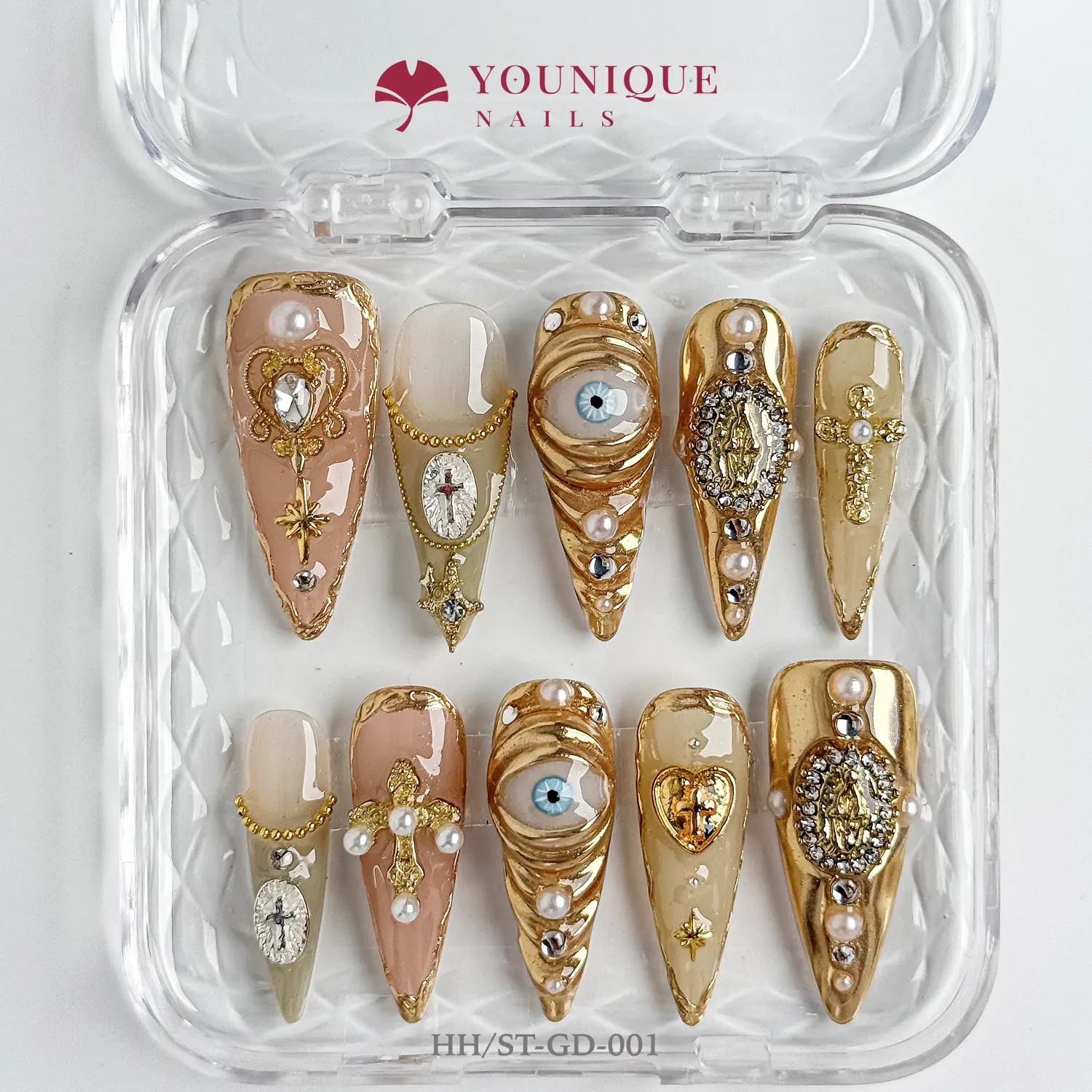 Younique Nails 10PCS 100% Handmade Reusable Colorful Glue-On Acrylic Press-On False Nails with Fake Acrylic Manicure Art Design