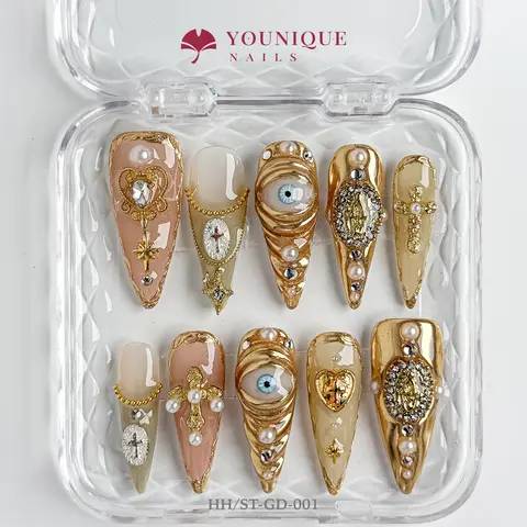 Younique Nails EYE JEWEL DESIGN Handmade Reusable False Acrylic Set Kit Luxury Press-On Salon Quality Fake Press On Tip Week Wear Soft Base Nude Gold Heart Themed Manicure Style Rhinestone Light Unique Look Art Ready Ultimate Creative Gift Product