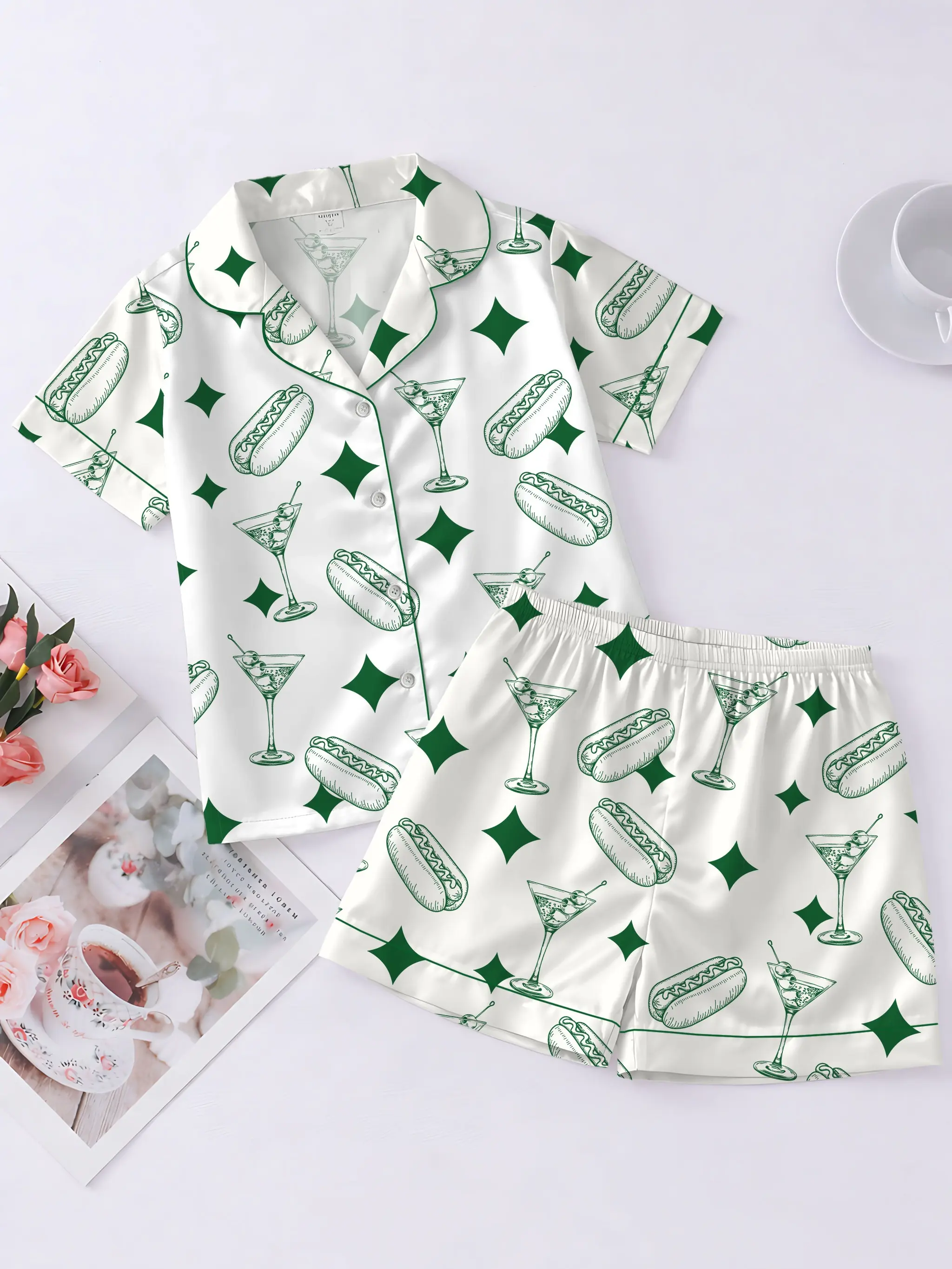 Men’s Pajama Sets, Tinis and Weenies Dirty Martini Satin Pajama Set, Short Sleeve Sleeping Clothes, Fun Party Pajama Set, Comfortable Loungewear Pajama for Men, Soft Satin Sleepwear