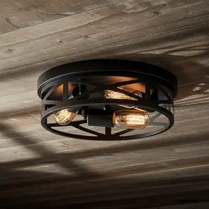 3-Light Black Metal Ceiling Light, Openwork Geometric Flush Mount, No Shade Design, Industrial Cage Lamp for Bedroom Living Room Porch, E26 Base