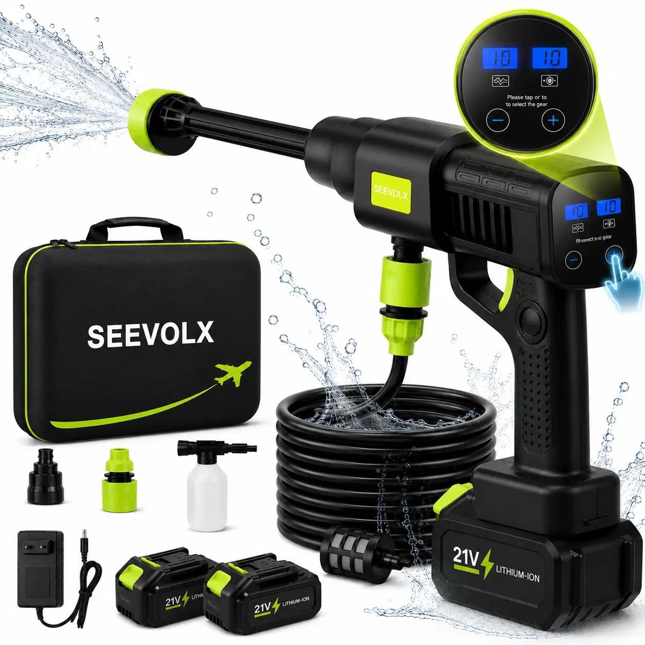 【Exclusive Offer】SEEVOLX Touchscreen Cordless High Pressure Washer, 30-Degree Digital Adjustable Pressure Levels, Dual Battery, Upgraded Aviation Carry Case, Multi-Nozzle Kit for Car Washing, Patio & Outdoor Cleaning